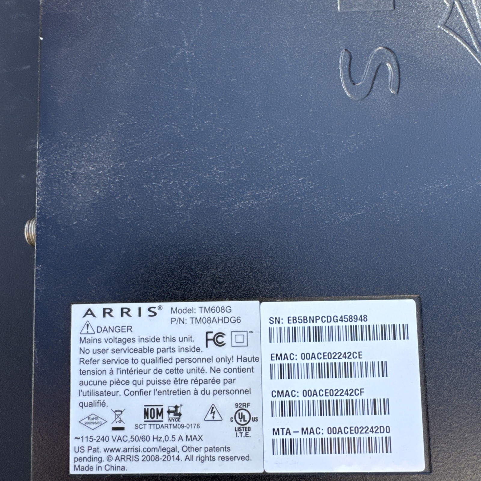ARRIS TM608G/NA-B Telephony Cable Modem eMTA DOCSIS 2.0 with Battery Backup