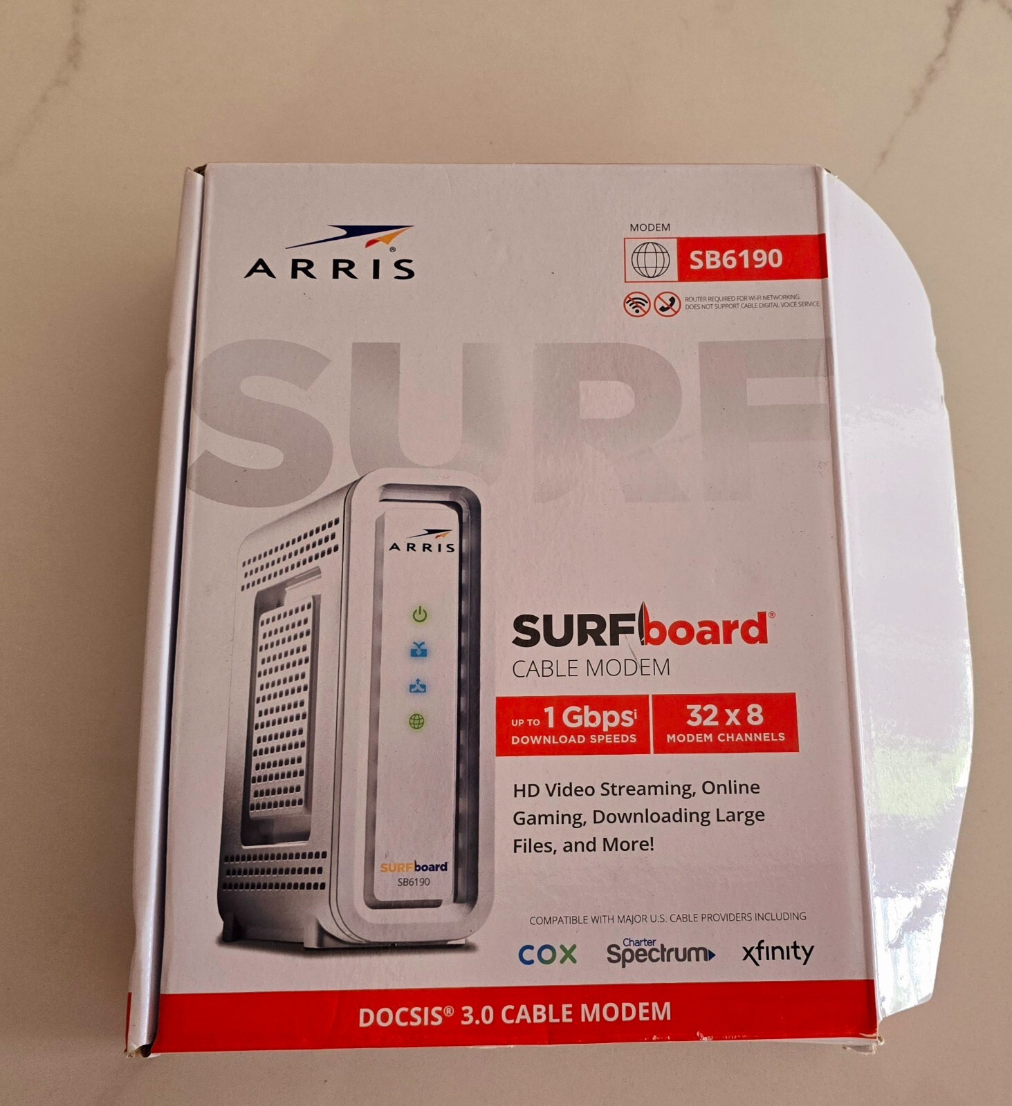ARRIS SURFboard SB6190 DOCSIS 3.0 High-Speed Cable Modem. 32×8 Channel Bonding