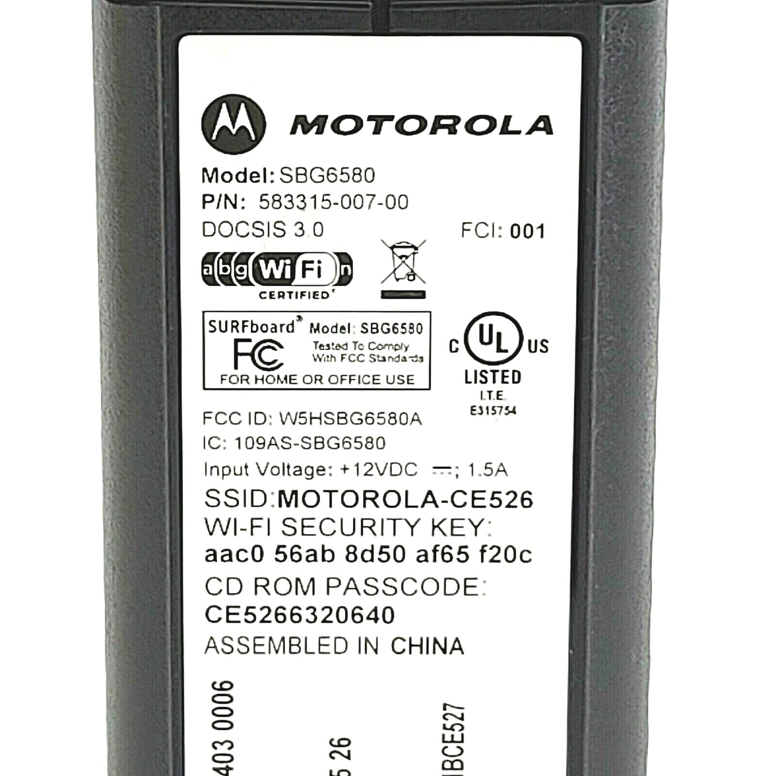 Motorola Surfboard SBG6580 3.0 Cable Modem Router NO Power Cord Adapter