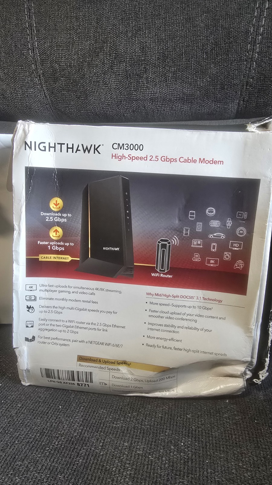 NETGEAR Nighthawk CM3000 DOCSIS 3.1 Mid/high-Split Cable Modem,Black-Refurbished