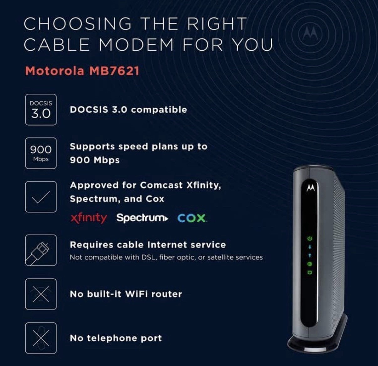 Motorola MB7621 Cable Modem DOCSIS 3.0 With 24×8 Channel Bonding