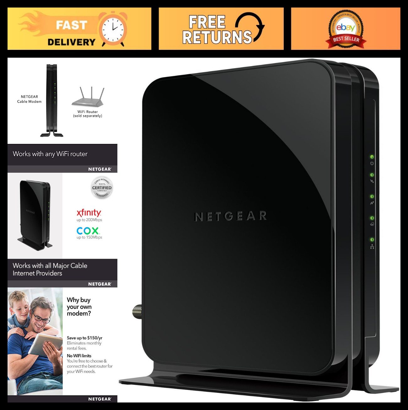 High-Speed Cable Modem DOCSIS 3.0 for Xfinity, Cox – Up to 400 Mbps, Easy Setup