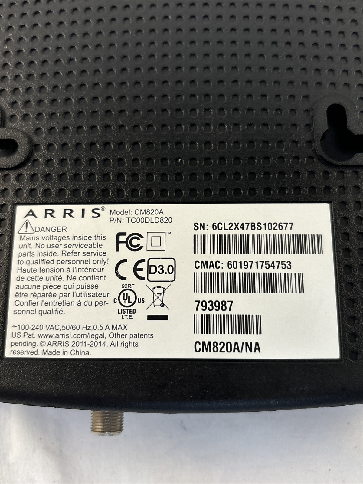 Arris CM820A TC00DLD820 CM820A/NA DOCSIS 3.0 Cable Modem w/ Power Cord