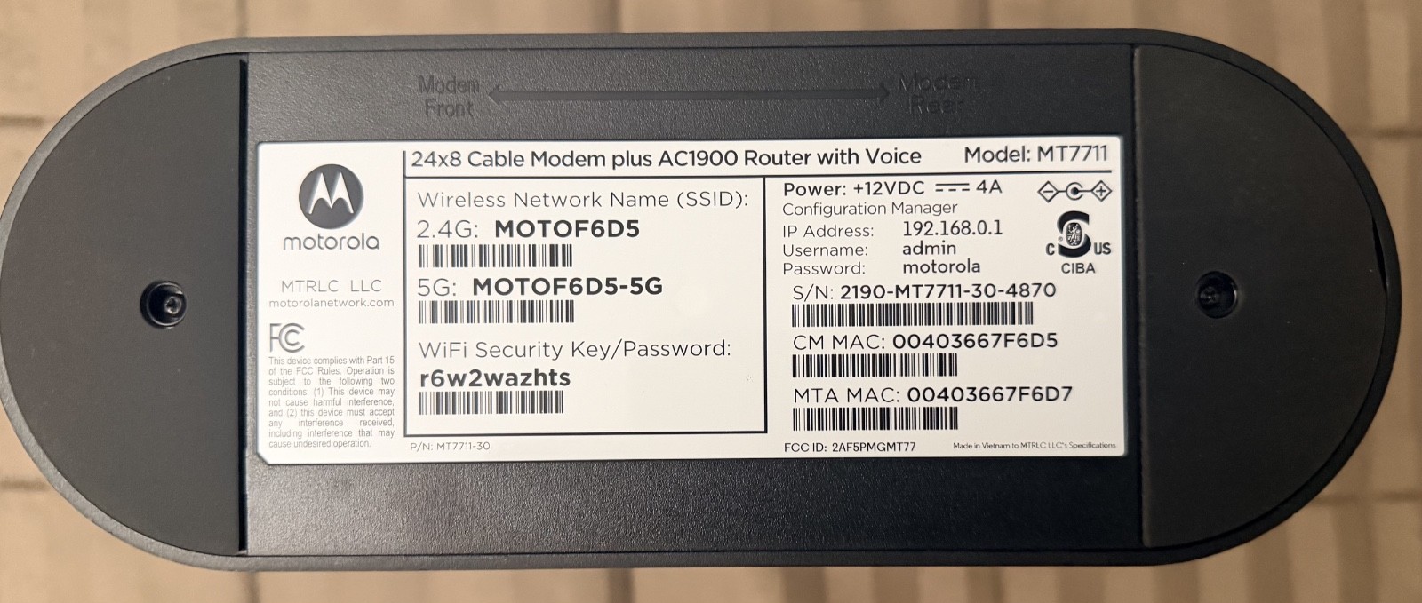 USED MOTOROLA MT7711 24×8 CABLE MODEM DUAL WiFi Gigabit Router with Voice