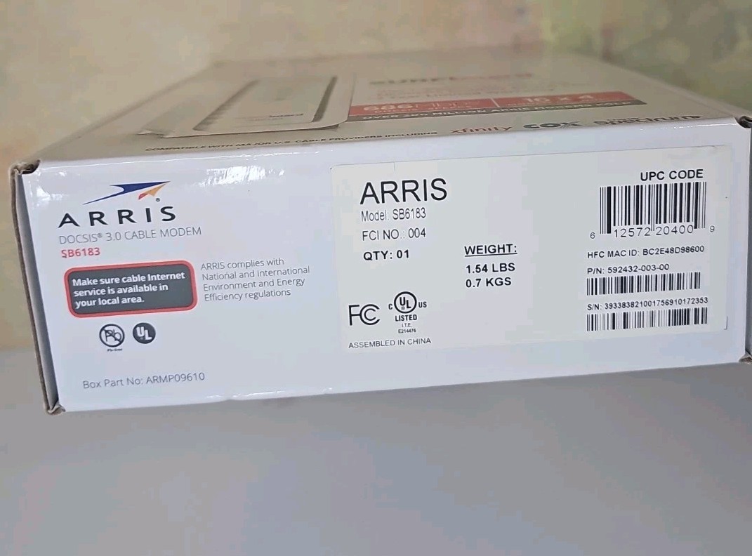 ARRIS SURFboard Modem DOCSIS 3.0 Cable White SB6183 W/ethernet Cable RJ45