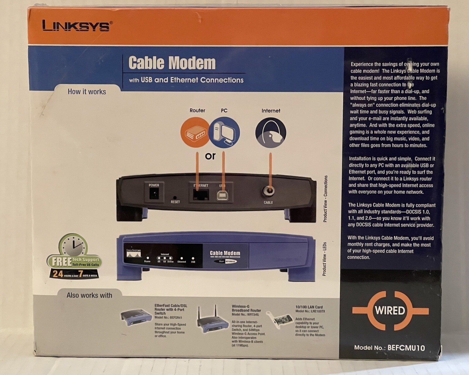CISCO-LINSYS BEFCMU10 CABLE MODEM W/ USB & Ethernet for MICROSOFT/WINDOWS NEW
