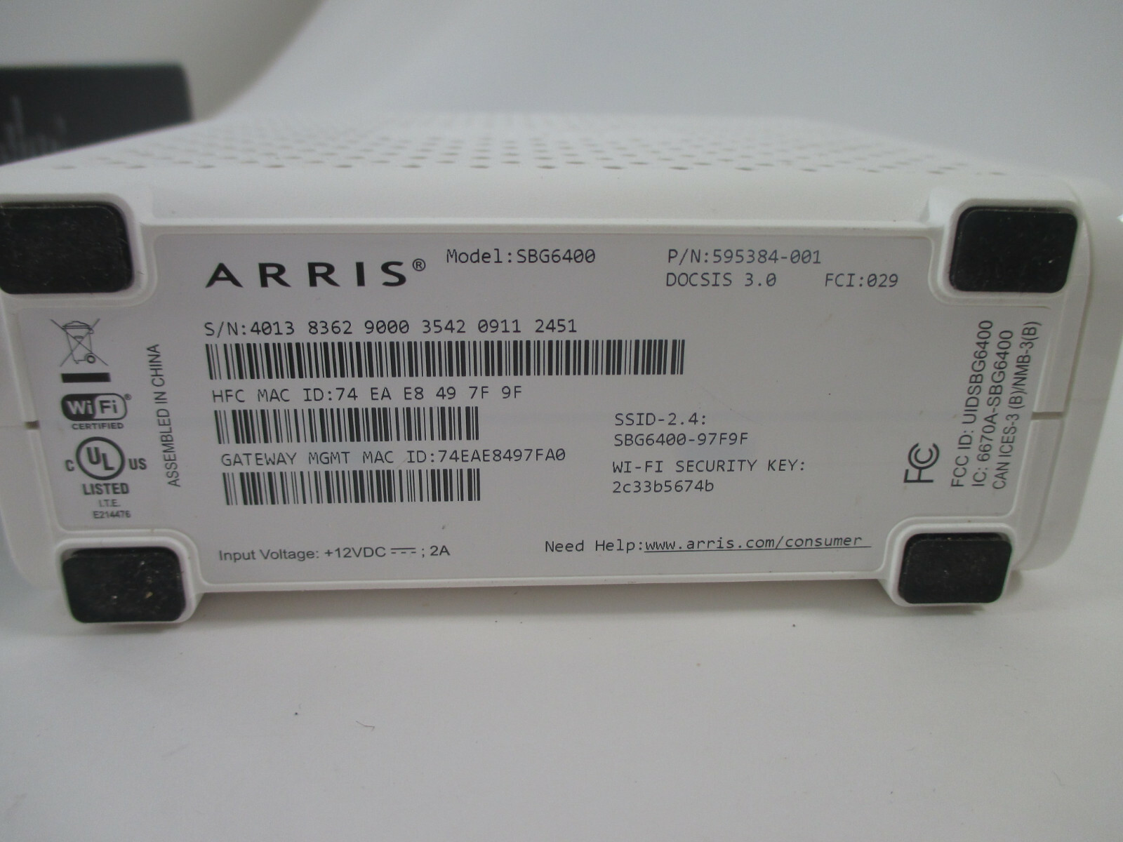 ARRIS SURFboard SBG6400 8×4 DOCSIS 3.0 Cable Modem / N300 Wi-Fi Router w/ power