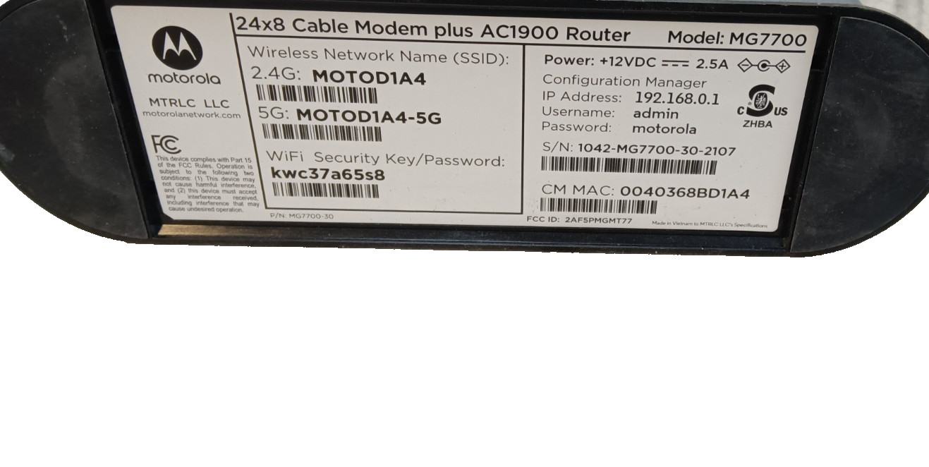 Motorola WiFi Internet Modem Router Xfinity Comcast MG7700 with Coax cables