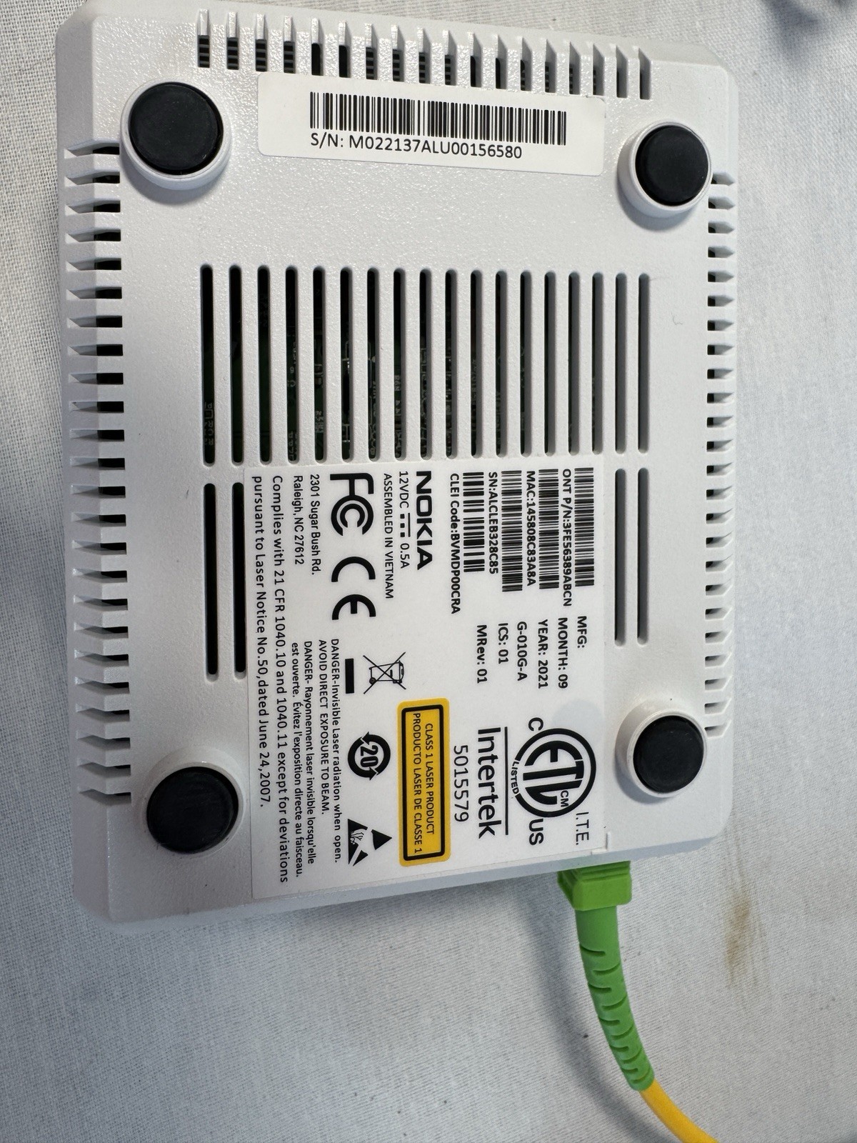 Nokia Intertek Fiber Optix Ethernet Network Terminal ONT MODEM G-010G-A
