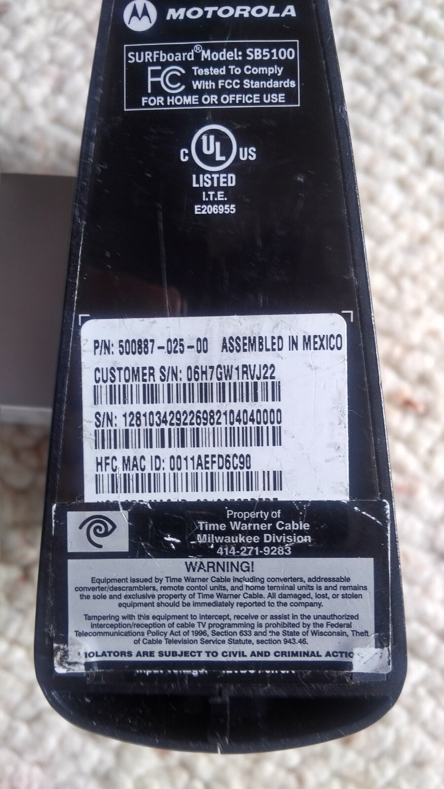 Motorola SURFboard SB5100 (Docsis 2.0) Cable Modem, Power Supply, Internet cable