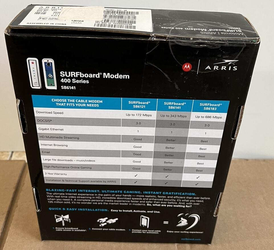 NEW (Open Box) ARRIS SURFboard DOCSIS 3.0 Cable Modem SB6141 12 Channel 343 MBPS