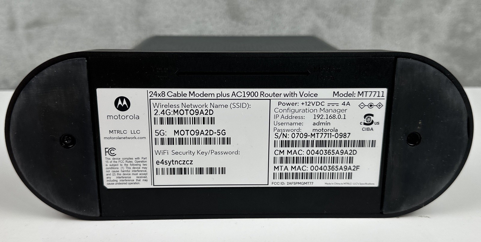 Motorola MT7711 24×8 Cable Modem AC1900 WiFi Router 2 Phone Lines Xfinity *READ*