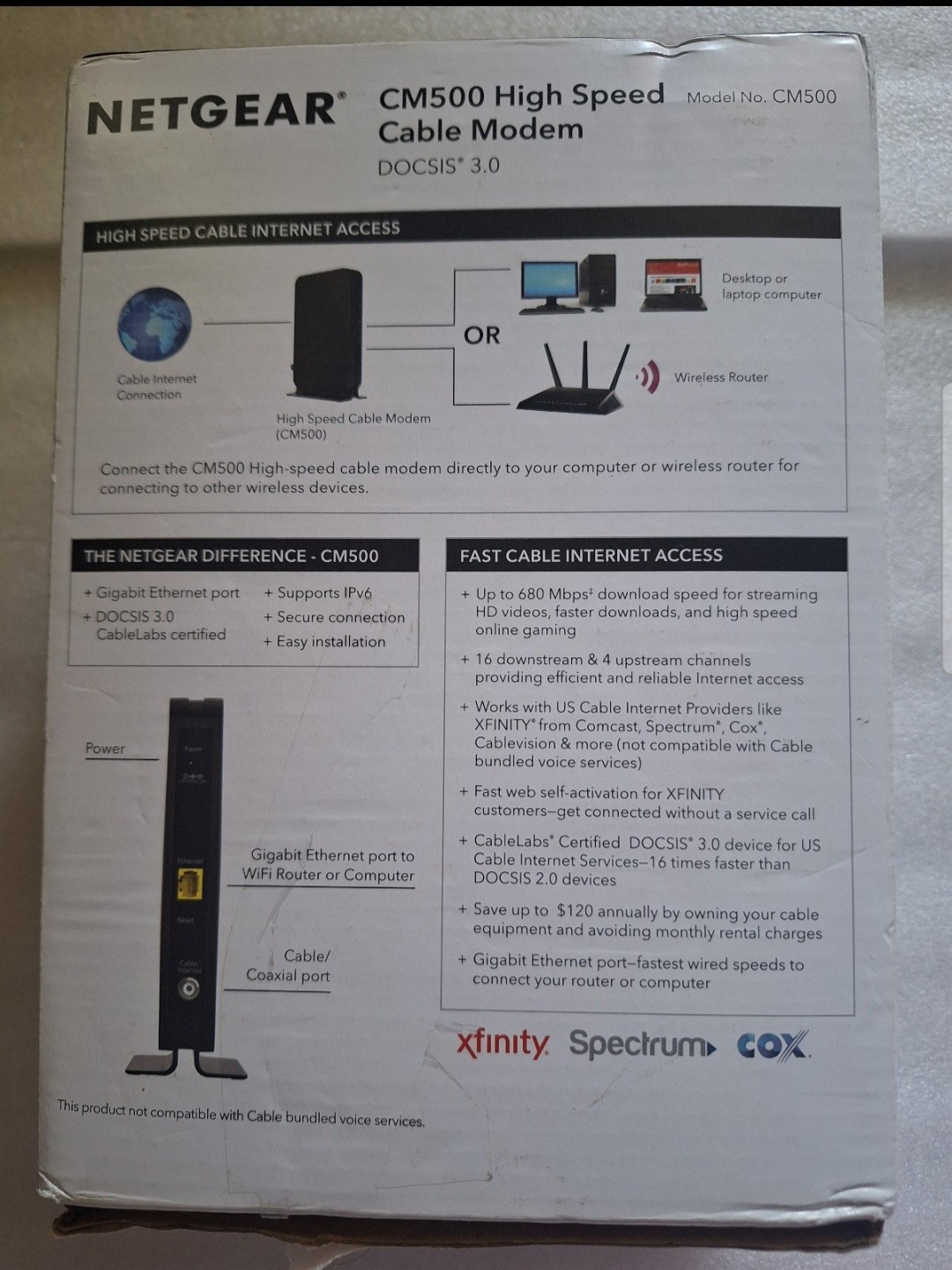NETGEAR CM500 Cable Modem DOCSIS 3.0 Up to 400Mbps (Xfinity Spectrum Cox) Used