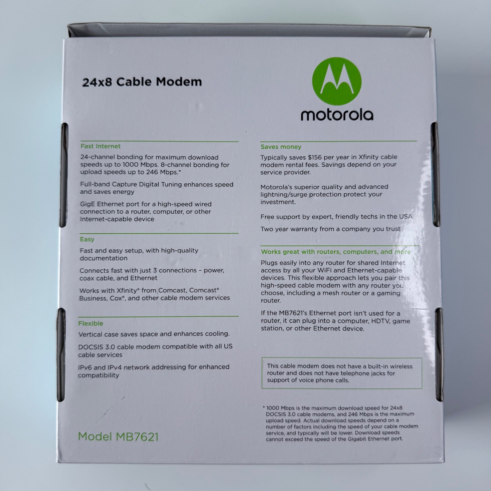 Motorola 24×8 Cable Modem Model MB7621 Power Cord & Manual DOCSIS 3.0 1000+Mbp