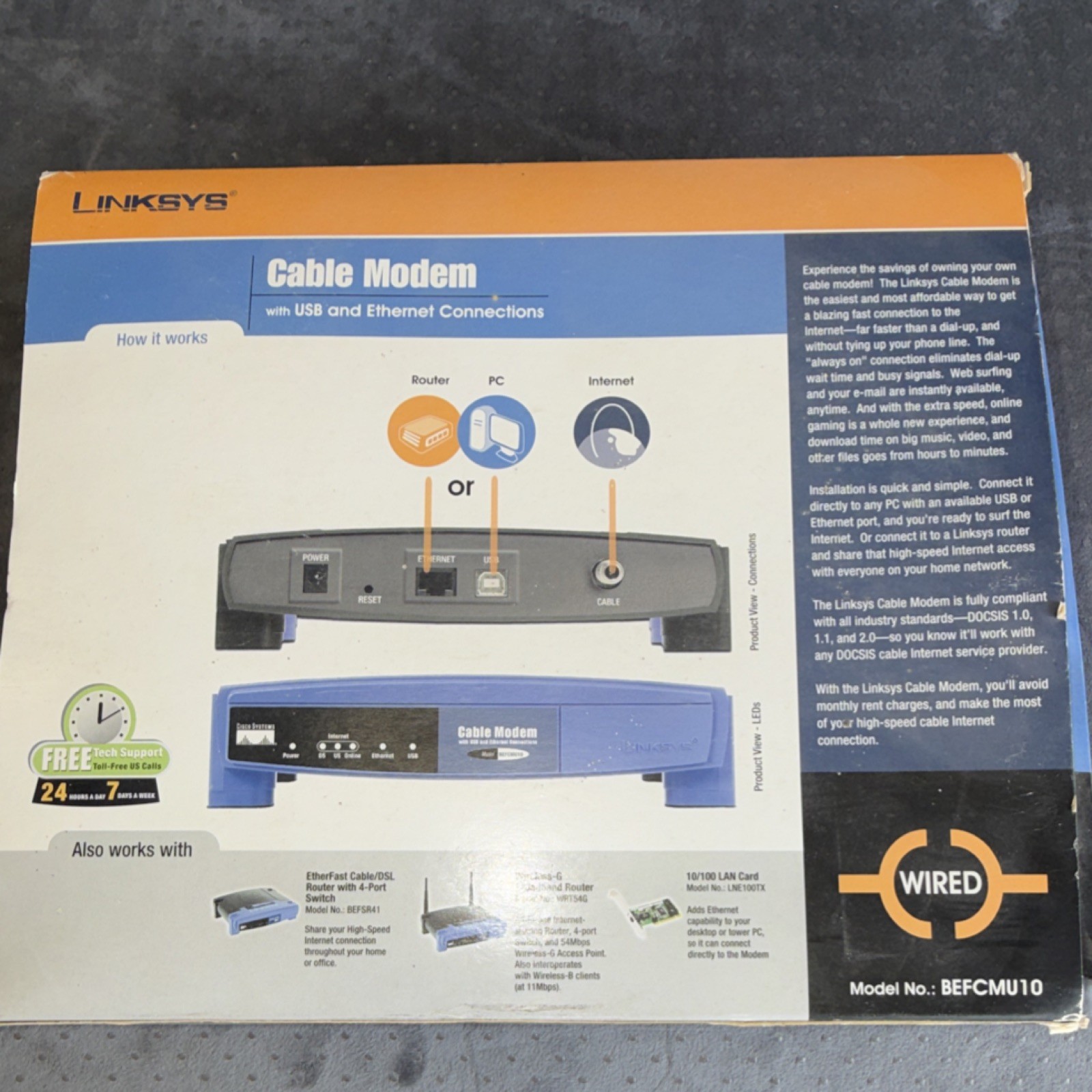 Linksys BEFCMU10 Cable Modem USB Ethernet DOCSIS 1.0/1.1/2.0 Up to 100x Faster