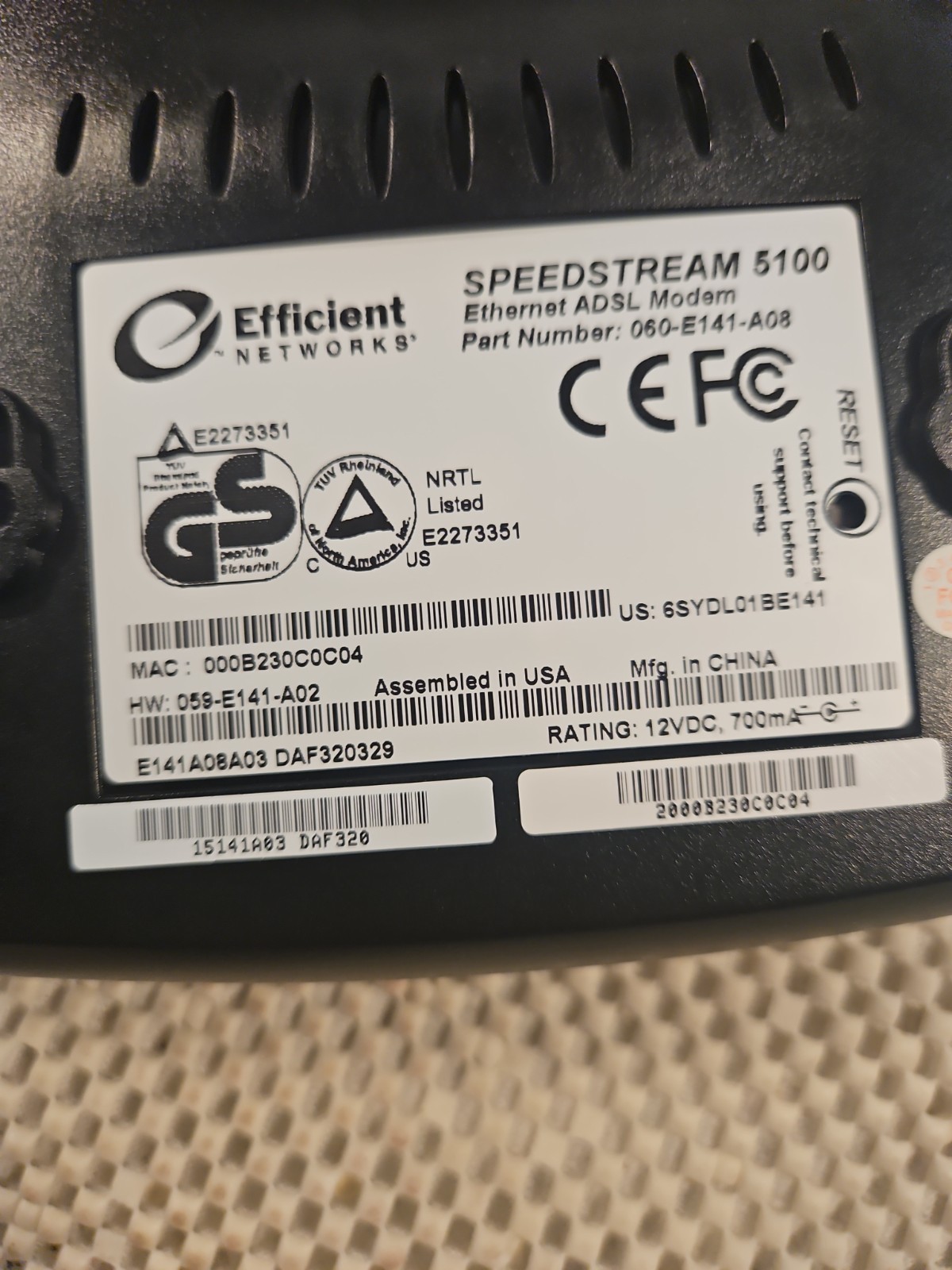 Speedstream DSL Modem 5100 with AC Power Supply Adapter Tested/ Working