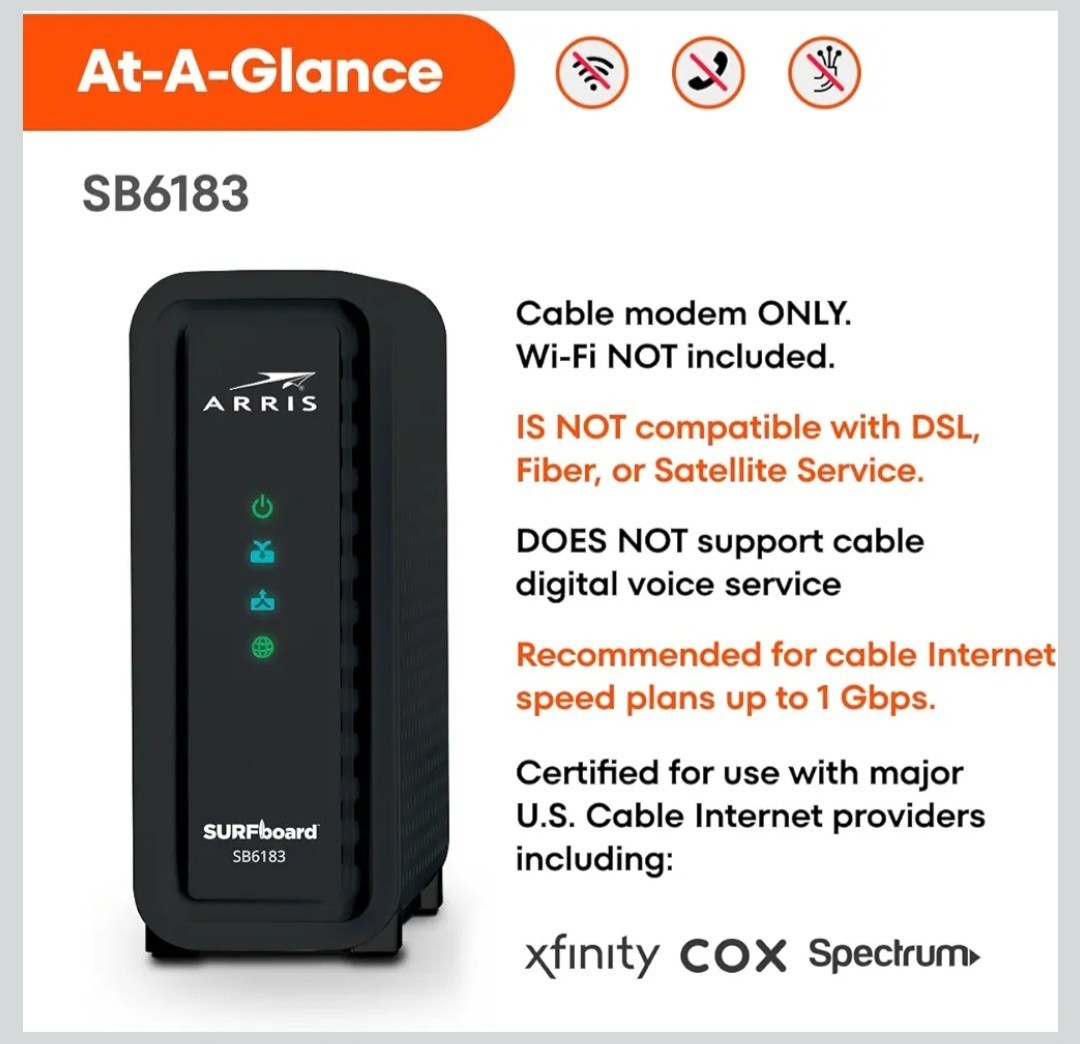 ARRIS Surfboard SB6183 DOCSIS 3.0 Cable Modem 16×4 686Mbps **NEW SEALED IN BOX**