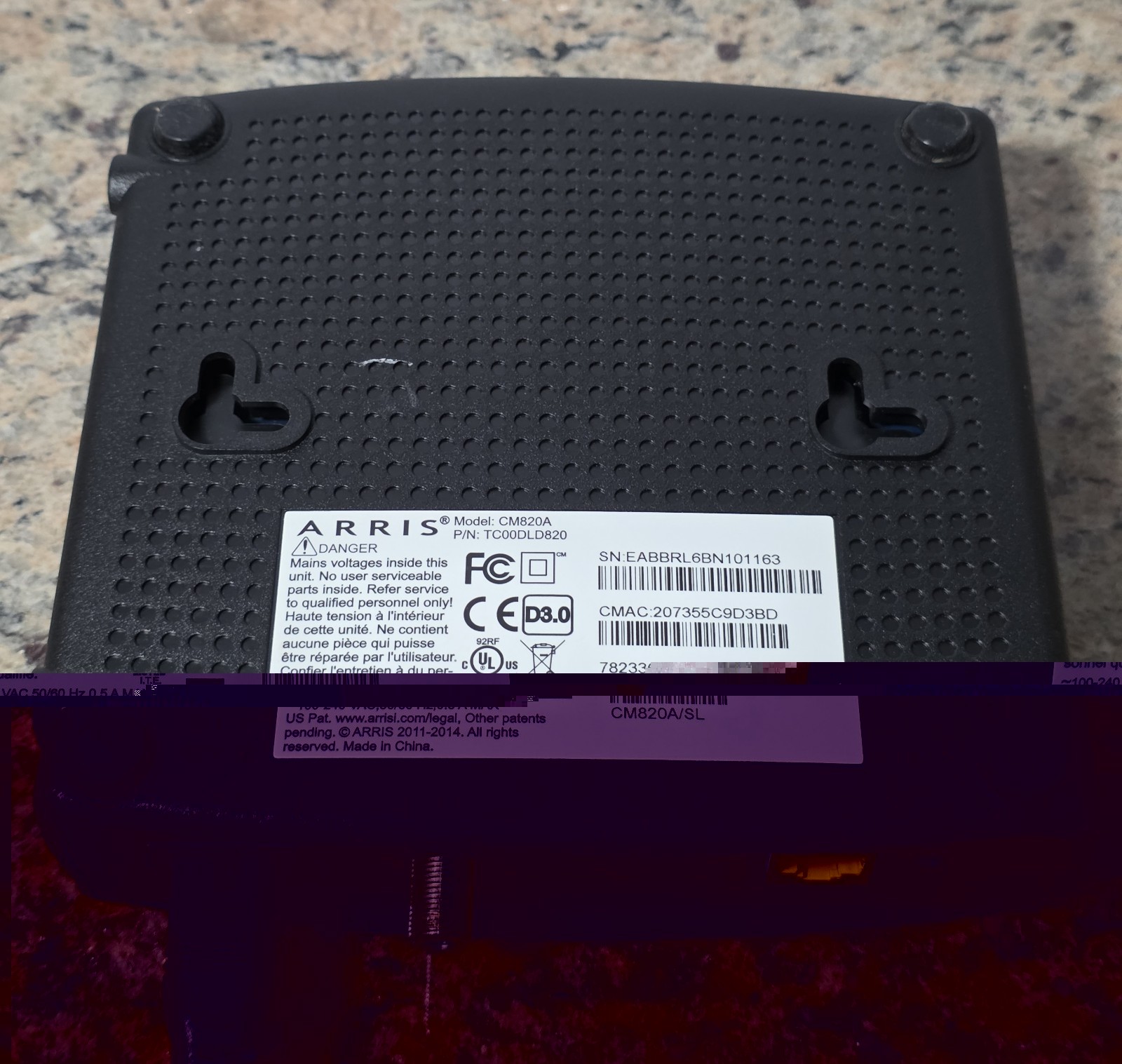 ARRIS Model: CM820A TC00DLD820 CM820A/NA DOCSIS 3.0 Cable Modem w/ Power Cord