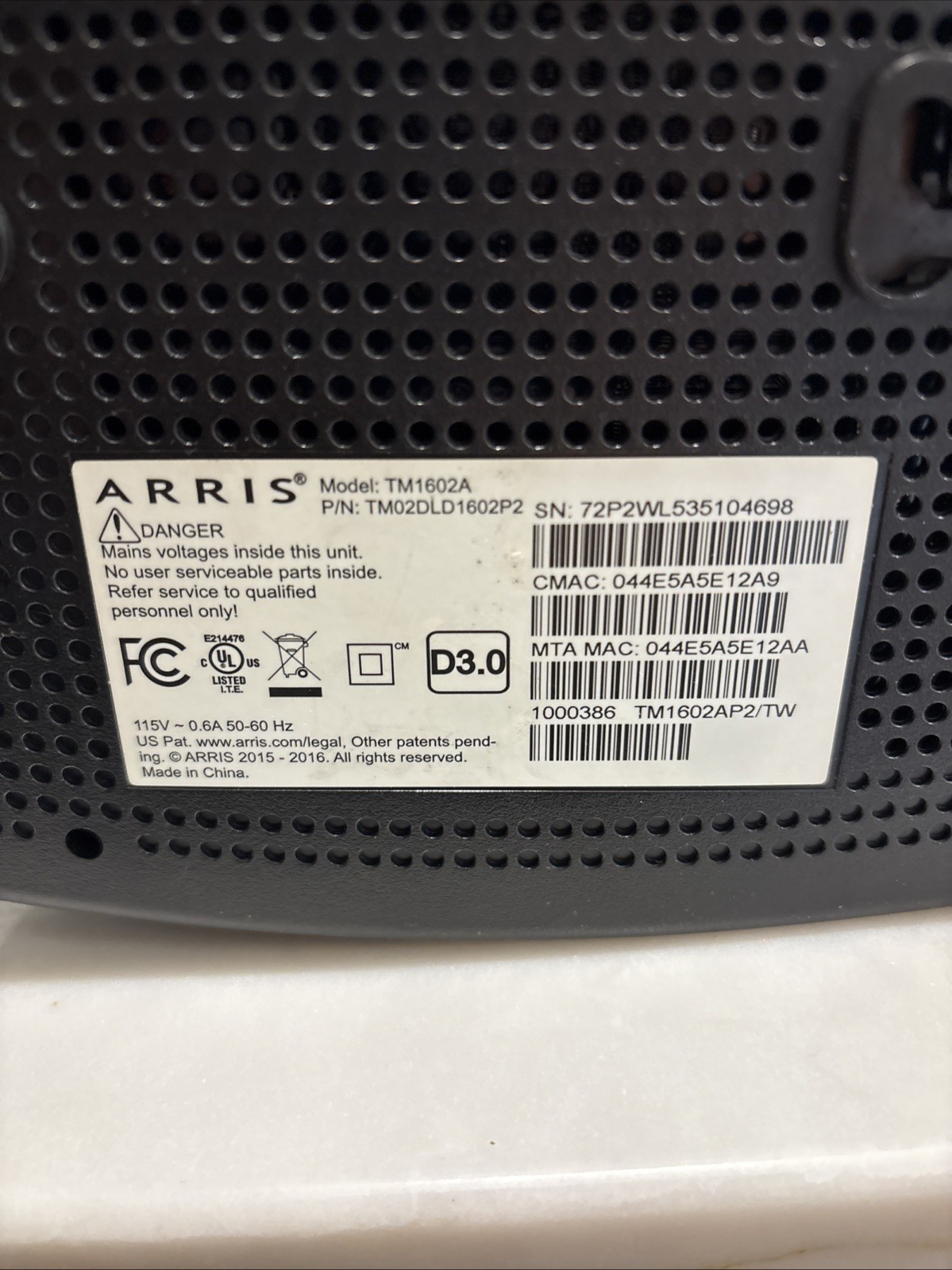 Arris Touchstone TM1602A Telephony Cable Modem 16×4 Docsis 3.0