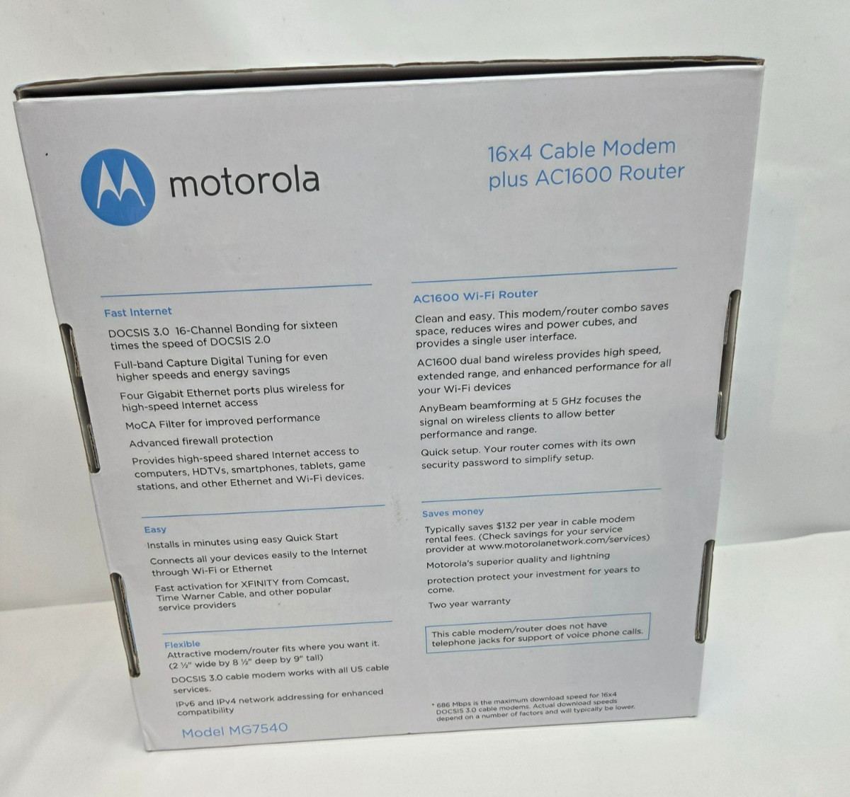 Motorola MG7540 Cable Modem Router Combo DOCSIS 3.0 16×4 AC1600 WiFi | In Box