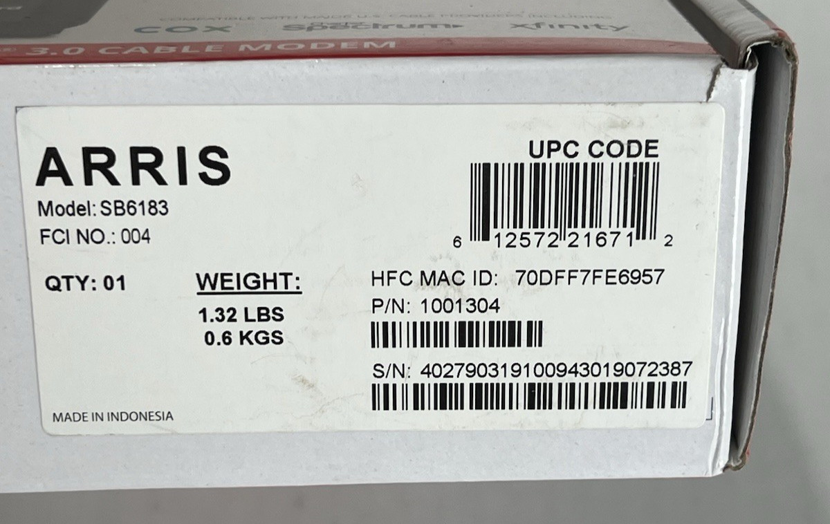 ARRIS Surfboard SB6183 DOCSIS 3.0 Cable Modem, 686 Mbps Max Fast Shipping