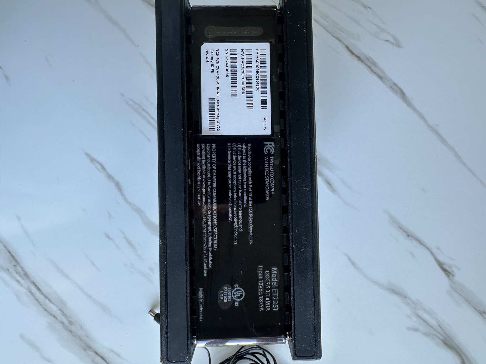 ⁠Spectrum ET2251 DOCSIS 3.1 Cable Modem Wired Ethernet RJ-45 1 LAN Port Black