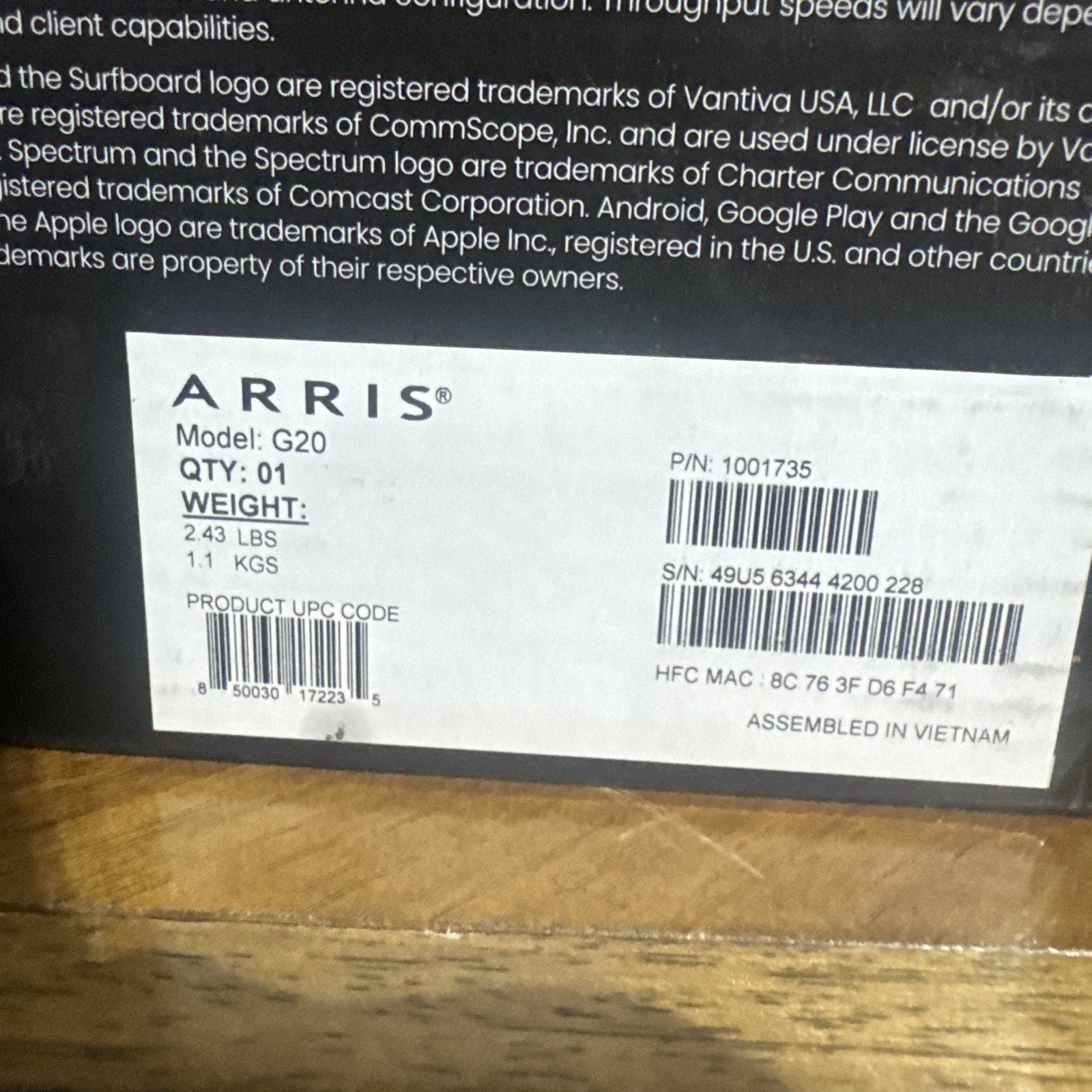 ARRIS Surfboard G20 AX3000 Docsis 3.1 Wifi 6 Cable Modem Dual Band 1 Gig Speed