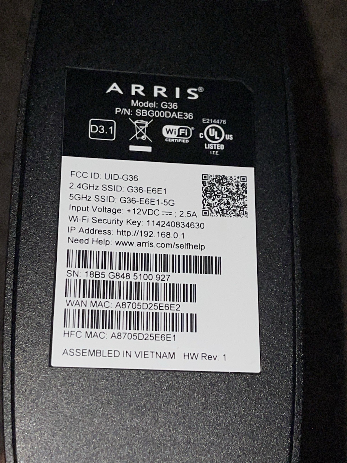 ARRIS SURFboard G36 DOCSIS 3.1 Wi-Fi 6 Cable Modem Router No Power Cord