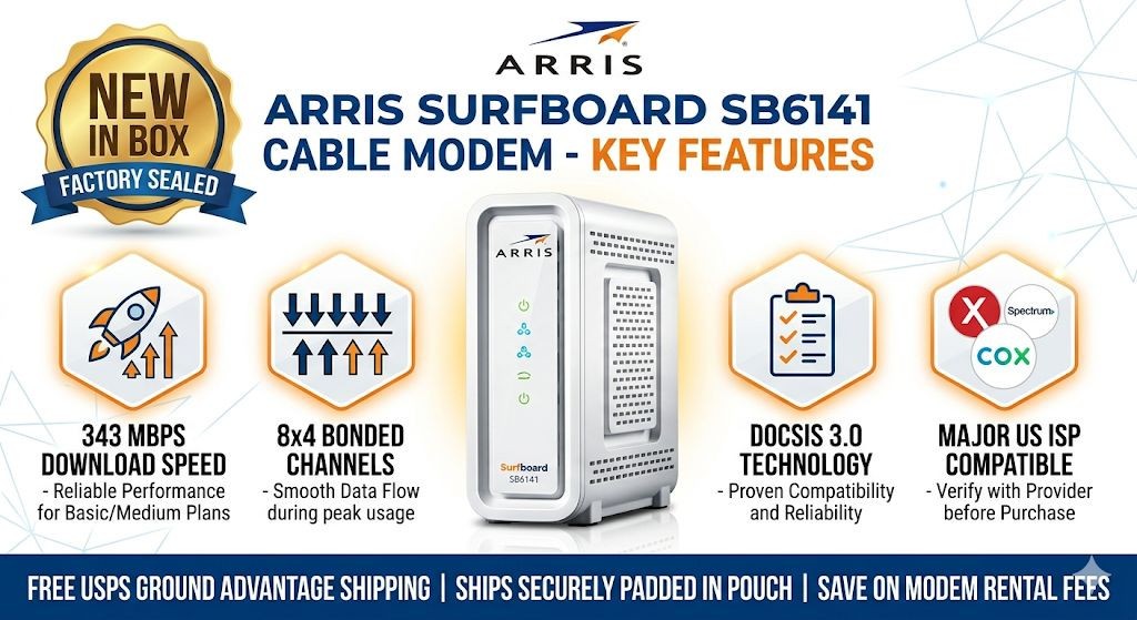 Arris Surfboard SB6141 Cable Modem DOCSIS 3.0 NEW IN BOX Sealed High Speed
