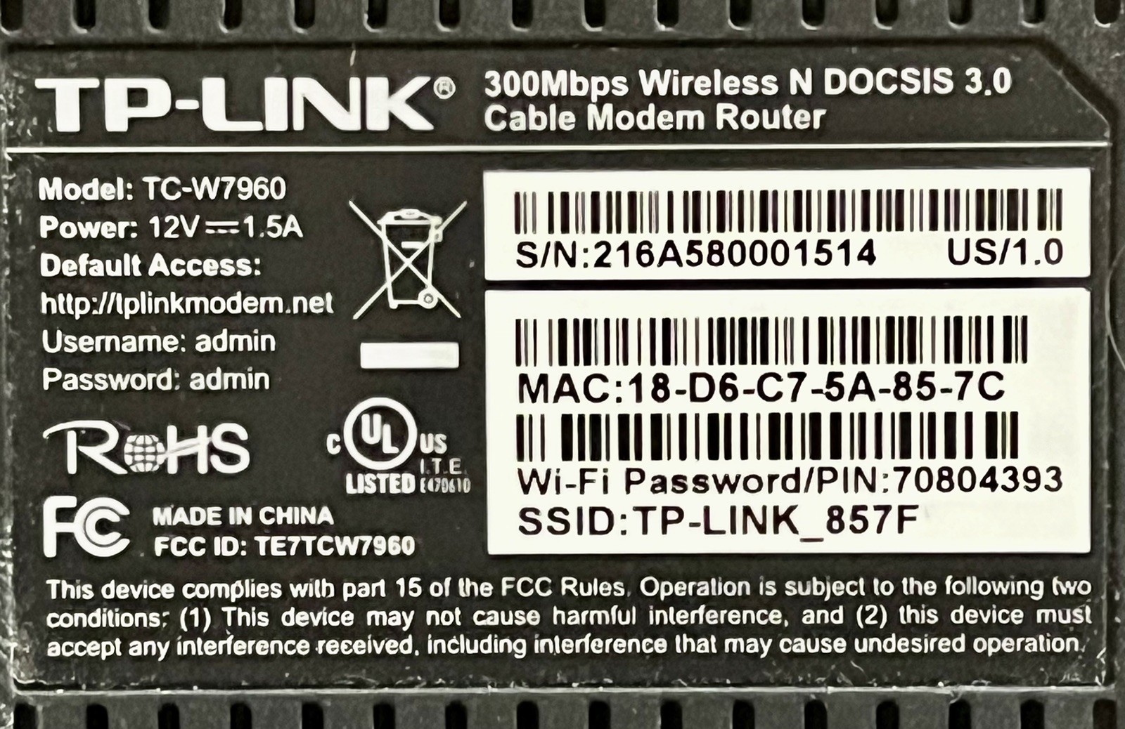 TP-Link TC-W7960 300Mbps Wireless N DOCSIS 3.0 High Speed Cable Modem Router