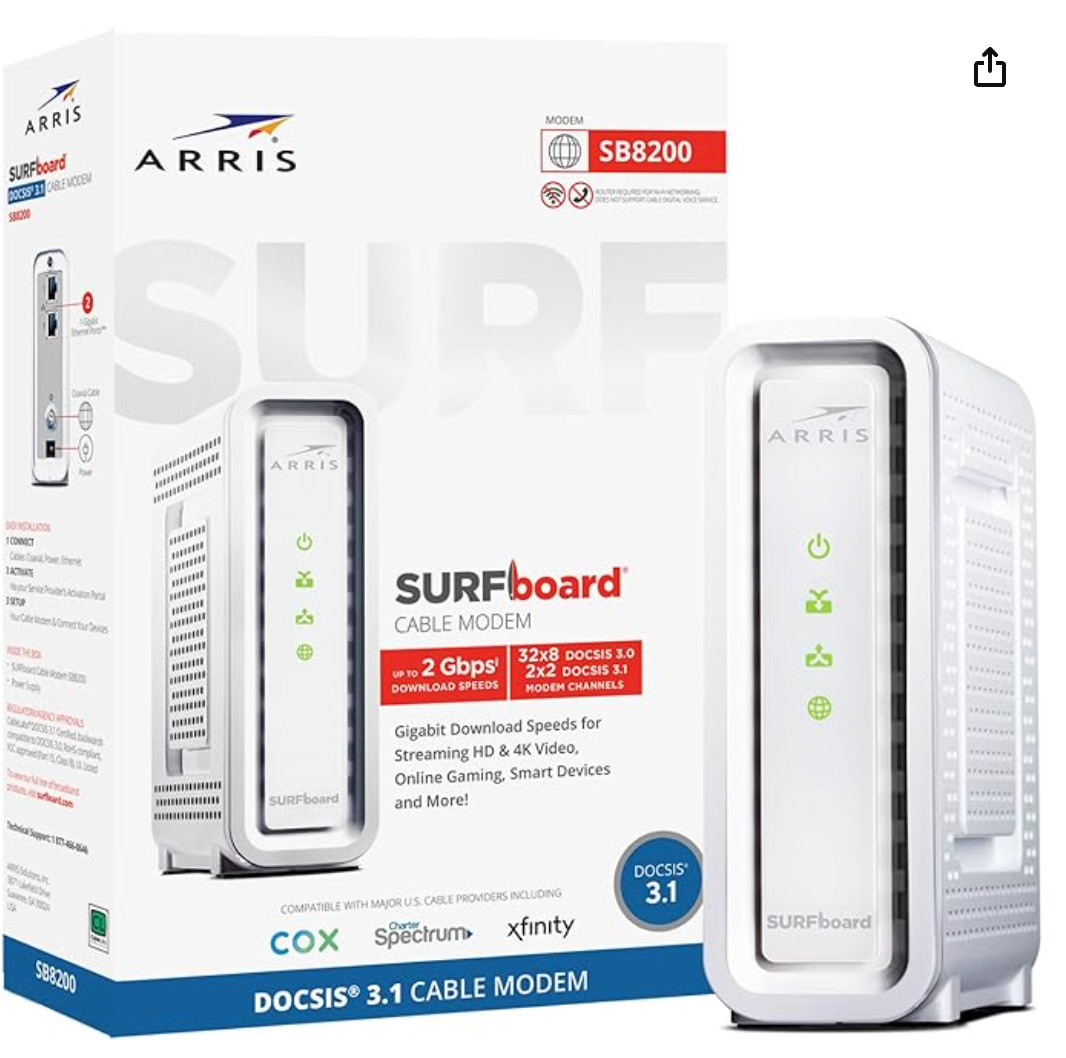 ARRIS SURFboard SB8200 DOCSIS 3.1 Multi‑Gig Cable Modem | 2 -1Gbps Ethernet Port