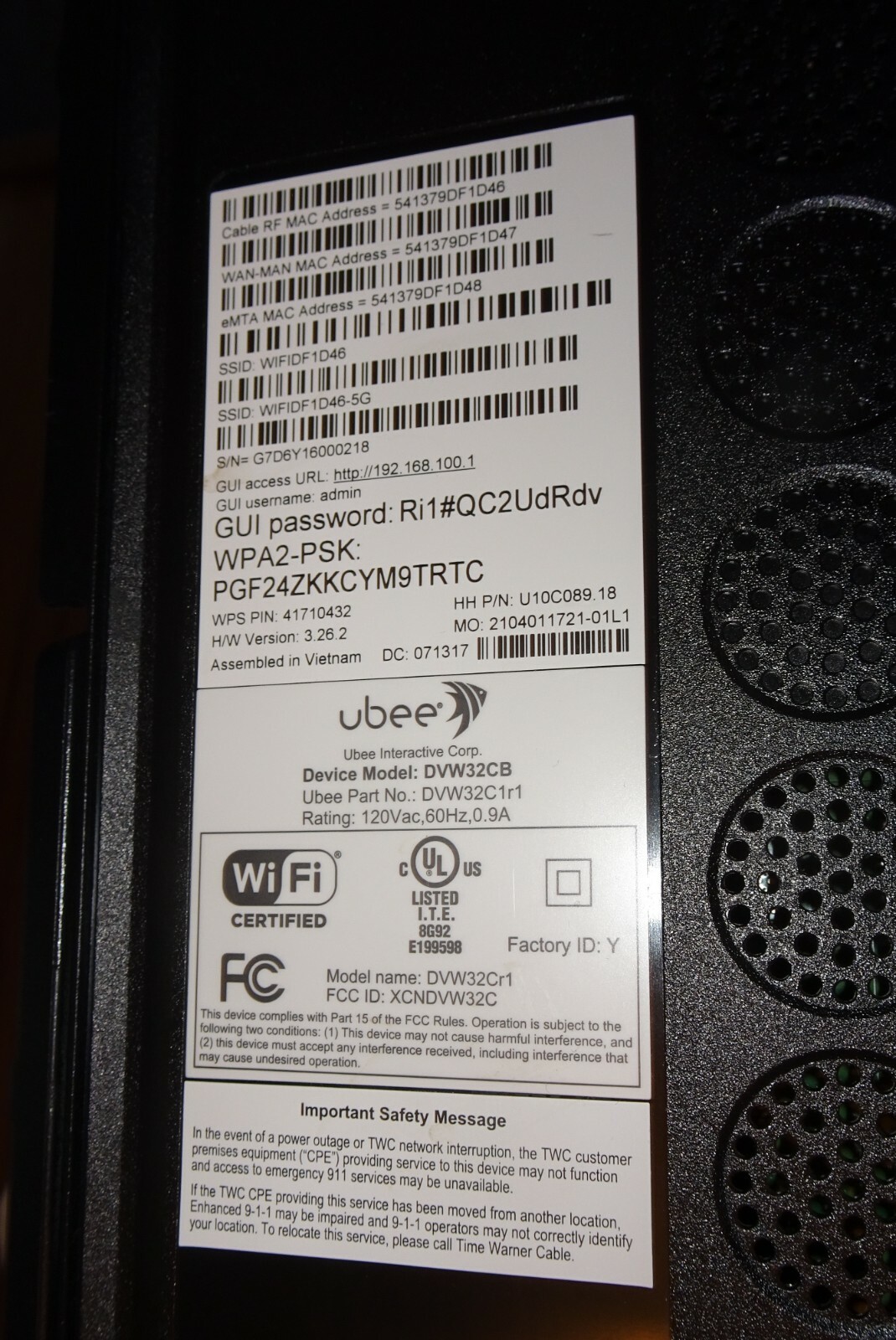 UBEE TWC Model DVW32CB Modem and Router with power cord and ethernet and cable