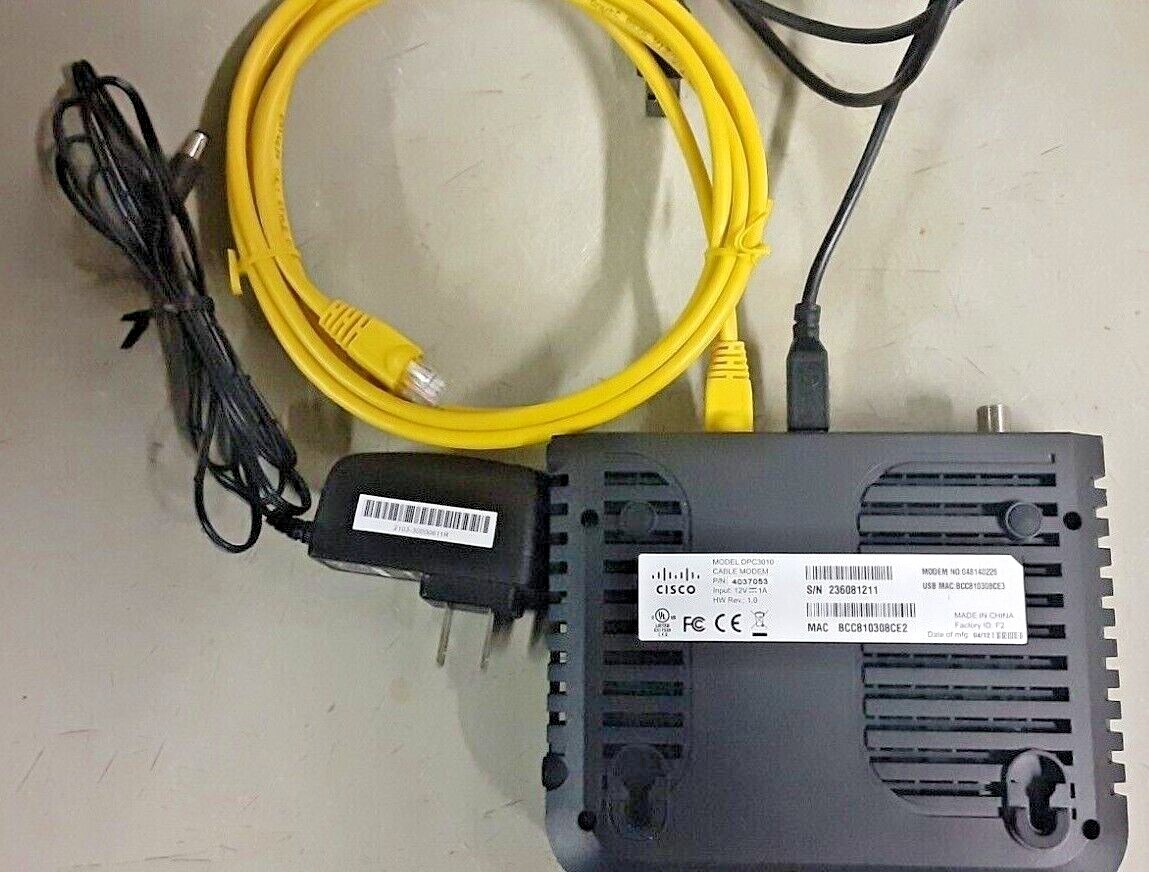 CISCO Gently Used DPC3010 Cable Modem w/ Power Supply/Ethernet/USB/Coax Cables