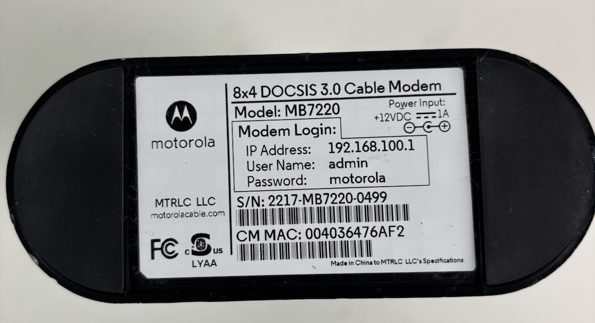 Motorola MB7220 8×4 Cable Modem 343 Mbps DOCSIS 3.0