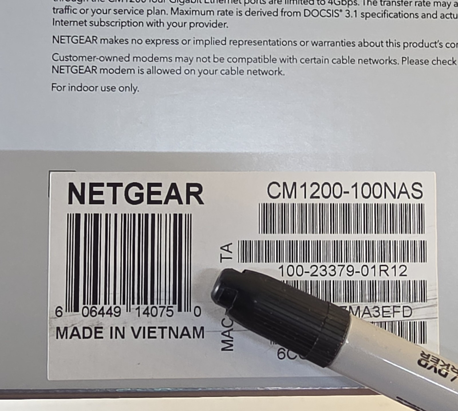 NETGEAR Nighthawk CM1200-100NAS DOCSIS 3.1 Cable Modem w/ everything