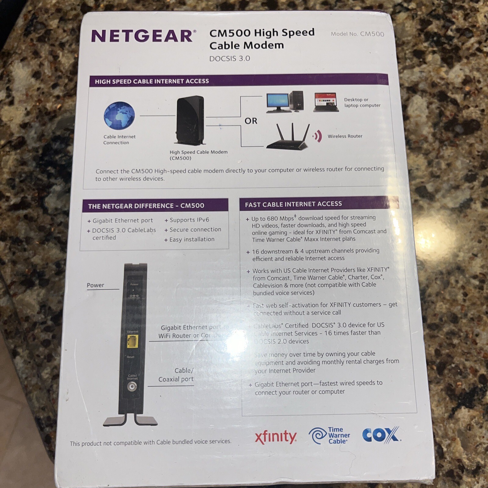 NETGEAR Cable Modem CM500 Compatible w/ All Cable Providers DOCSIS 3.0 Sealed/ K