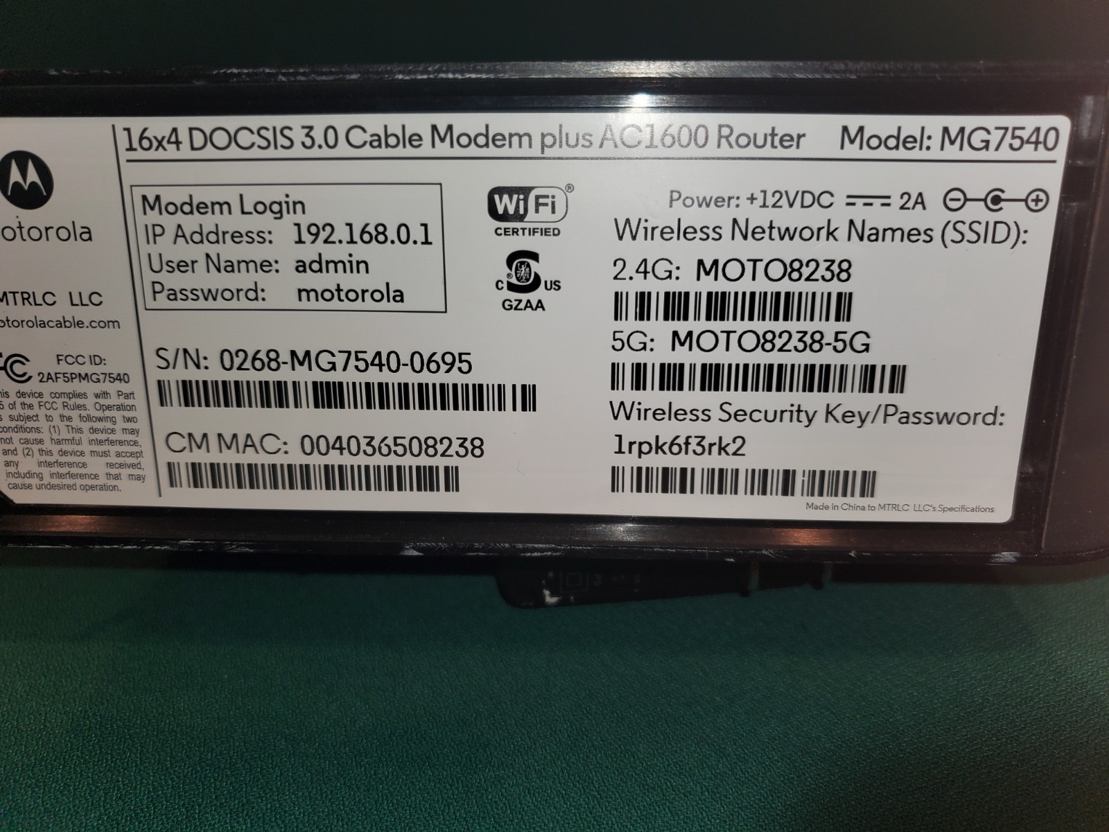 MOTOROLA MG7540 16×4 Cable Modem Plus AC1600