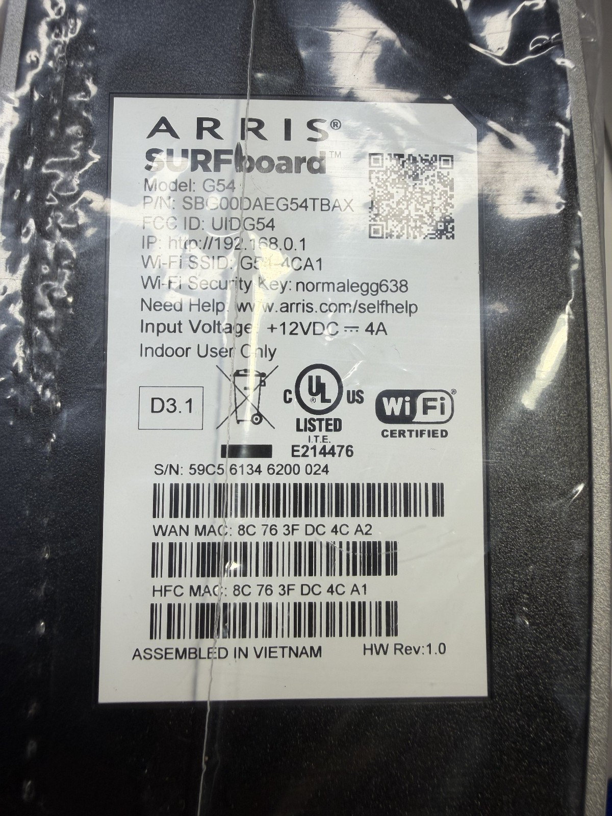 Arris SURFboard G54 Wi-Fi 7 Cable Modem Router BE18000 DOCSIS 3.1 10Gbps Multi-G