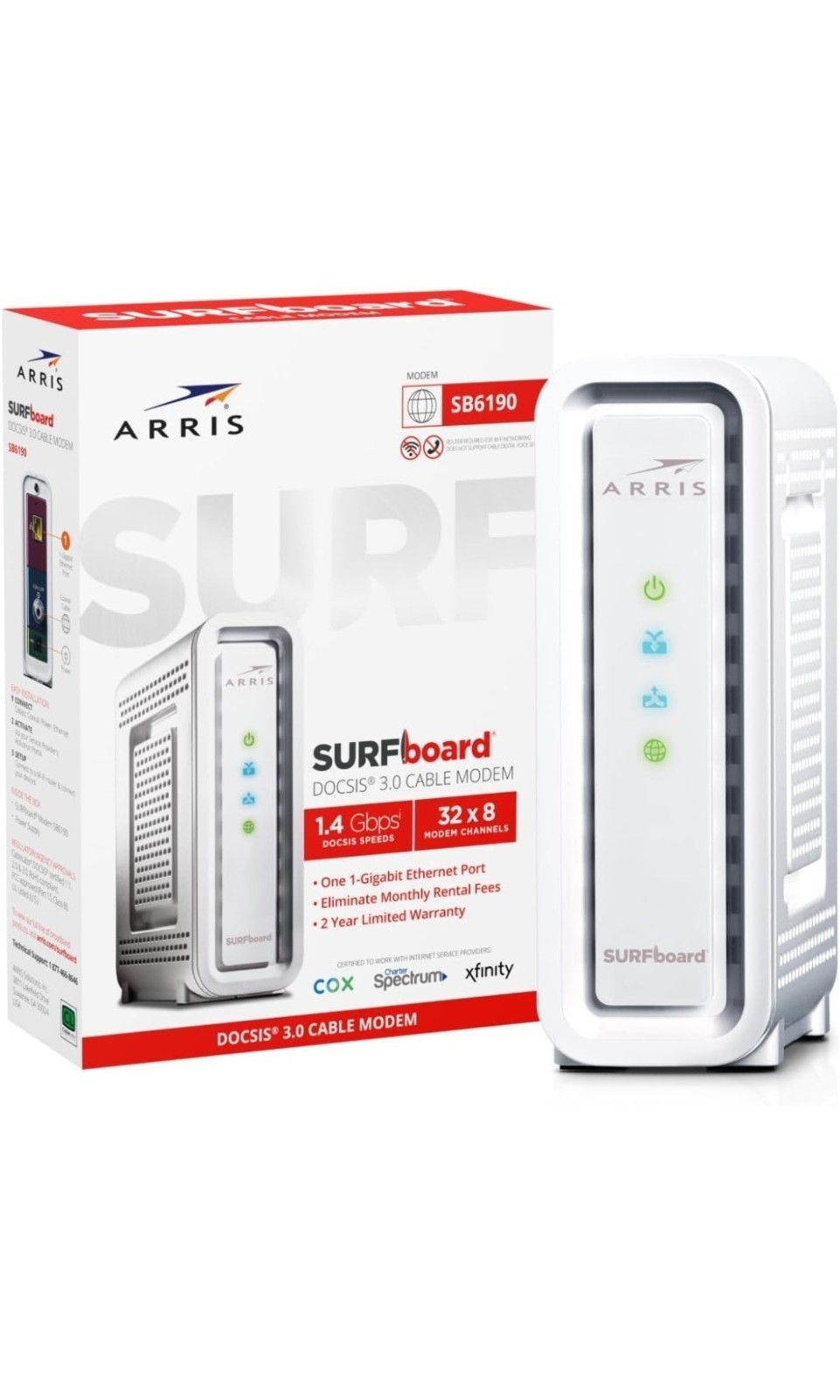 ARRIS Surfboard SB6190-RB DOCSIS 3.0 Cable Modem, White