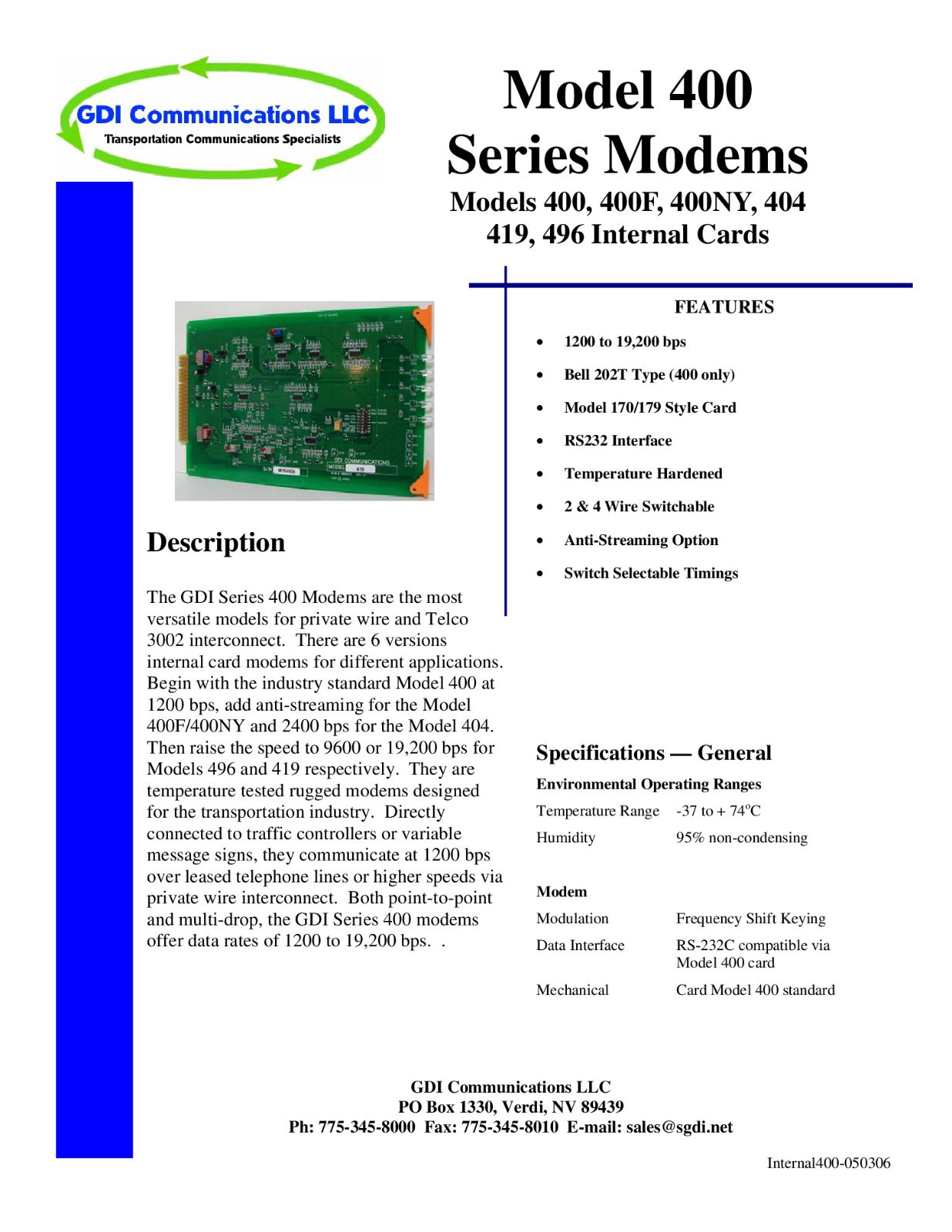 GDI Modem, 400 Series, Model 404, REV B Internal Card