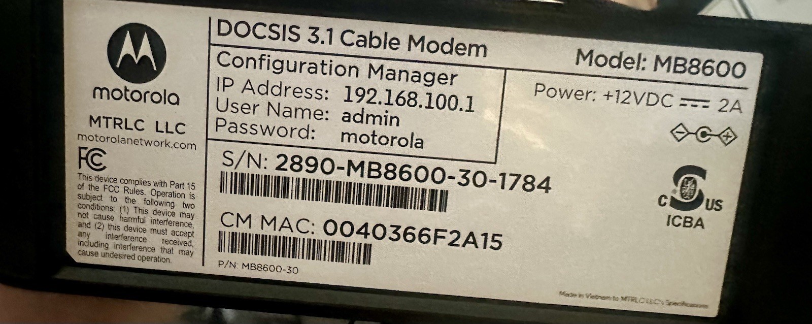 Motorola MB8600 DOCSIS 3.1 Ultra High Speed Cable Modem with Power Cord