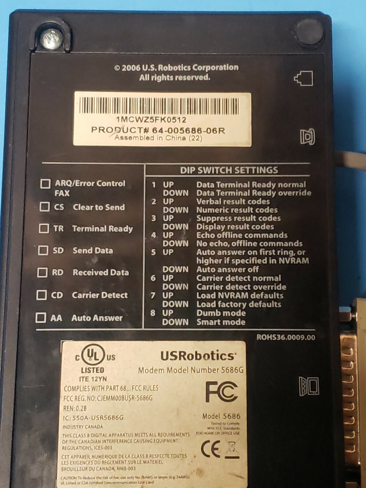 USRobotic 5686G V.92 External Faxmodem w/ OEM plug, DSL line filter + serial