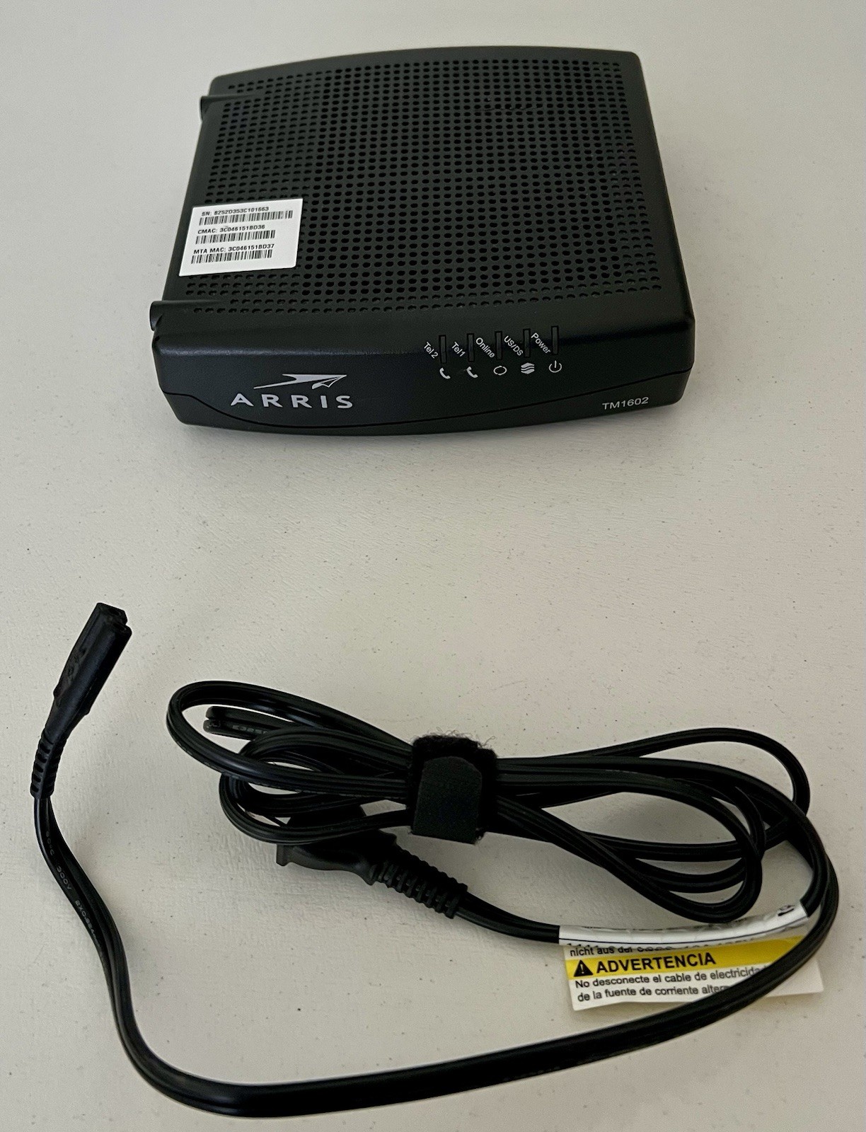 Arris TM1602A Docsis 3.0 Telephony Cable Modem With Power Cord