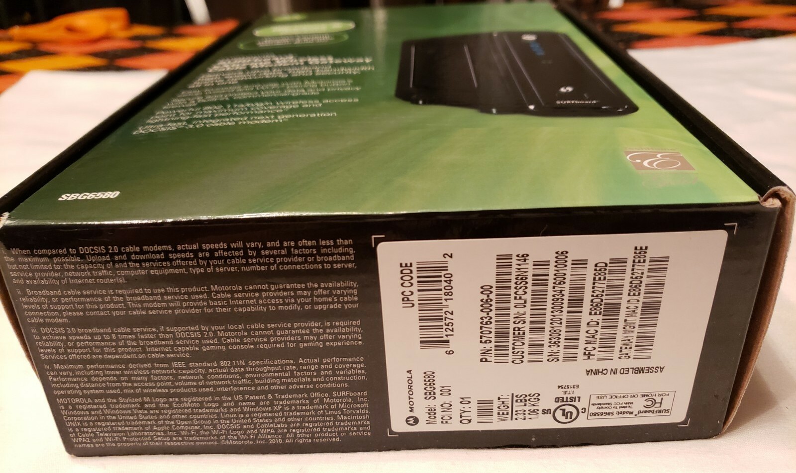 Motorola Arris Surfboard SBG6580 DOCSIS 3.0 Dual-Band Cable Modem & Wi-Fi Router