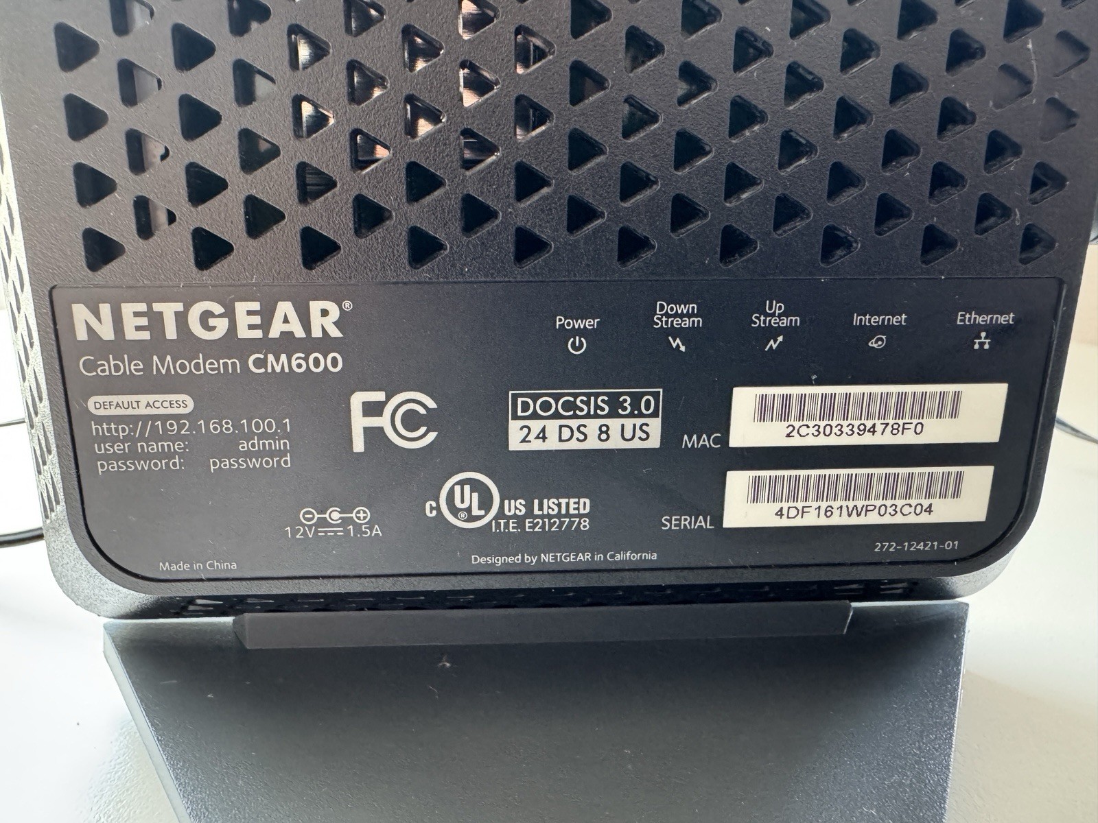 Netgear CM600 DOCSIS 3.0 Cable Modem 960 Mbps with Power Adapter