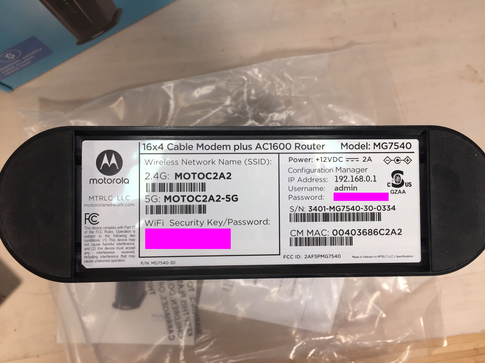 Motorola MG7540 16×4 DOCSIS 3.0 686 Cable Modem WiFi Router Xfinity Cox Spectrum