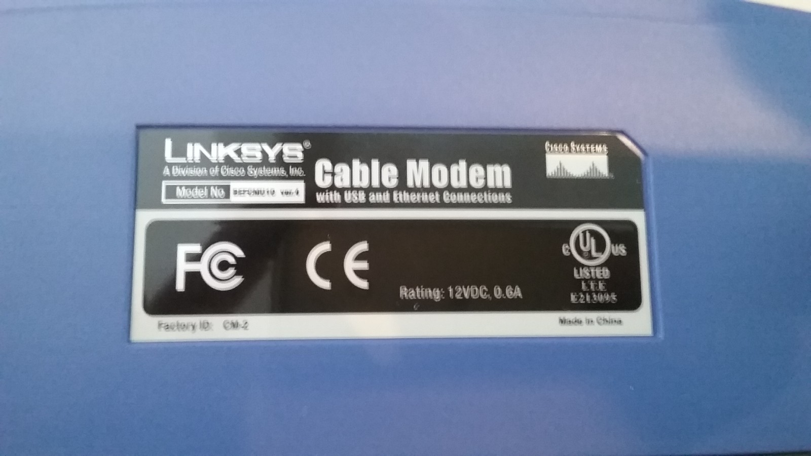 Linksys Cable Modem Model BEFCMU10 Version 4 with USB and Ethernet Connection
