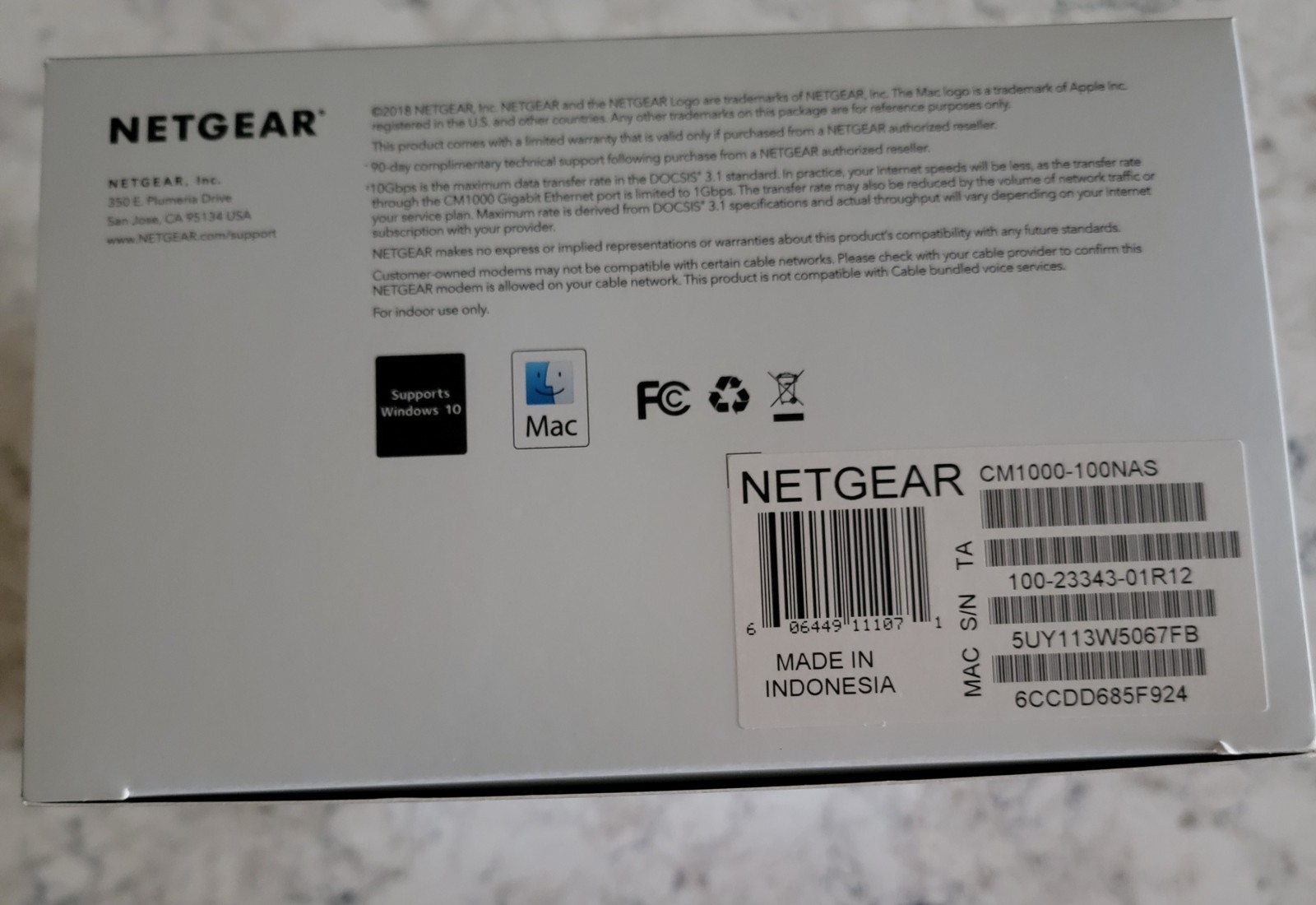 NETGEAR CM1000 DOCSIS 3.1 Cable Modem 1 Gbps Gigabit Ethernet CM1000-100NAS