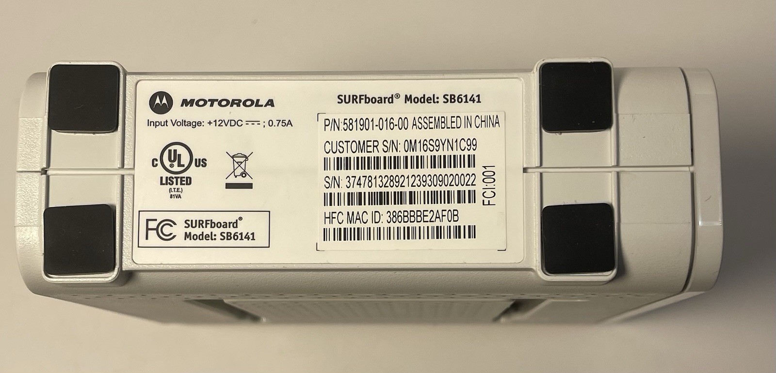 Motorola ARRIS SURFboard SB6141 Cable Modem DOCSIS 3.0 343Mbps IPv6 White