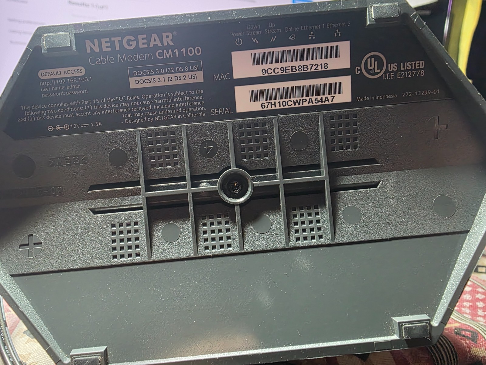 NETGEAR NIGHTHAWK CM1100 Cable Modem DOCSIS 3.1 Multi-Gig Speed w/ Power Supply